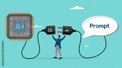 connecting prompts with AI chips to help get the job done, AI in companies to increase efficiency, businessman connect speech babble with AI chip idea to money concept vector illustration