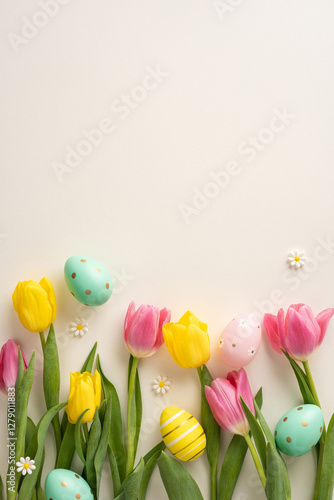 Wallpaper Mural Bright vertical yellow and pink tulips with pastel decorative easter eggs and daisy flowers create a spring-themed composition on a plain background Torontodigital.ca