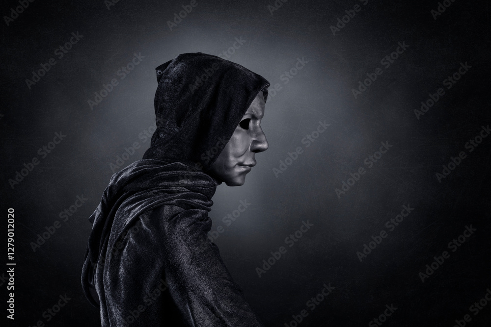 Scary figure with hooded cloak over dark misty background with clipping path Scary figure with hooded cloak over dark misty background with clipping path