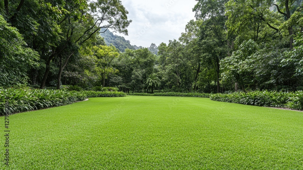 Fototapeta premium Lush green park lawn, mountain backdrop, tranquil nature scene, perfect for relaxation