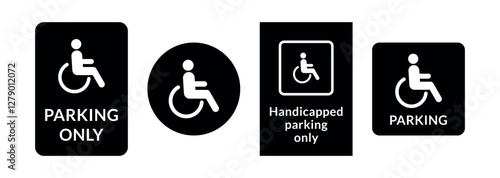 Handicapped parking only signs set on white background in flat design style. Wheelchair ramp access icons, buttons. Person with disability icons. 