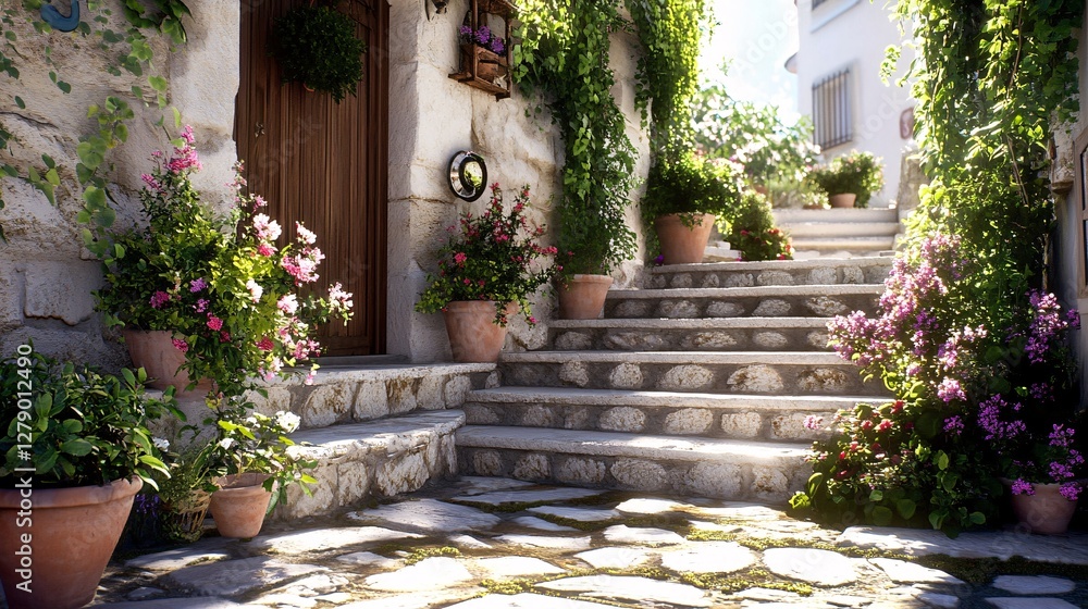 Fototapeta premium Charming Stone Steps with Flower Pots and Lush Greenery in a Quaint Garden Setting