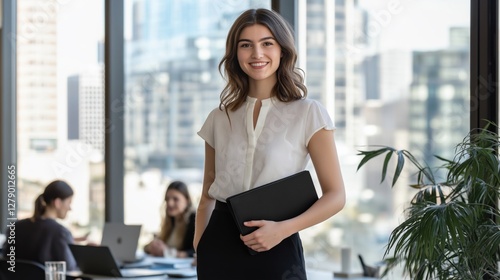 Free Download young woman standing in an office with a smile on her face. She is wearing a white blouse and black trousers. - GFXLoad