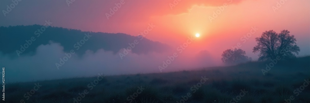 Obraz premium Mysterious fog creeps over the ground at dawn, mysterious, terrain, smoky