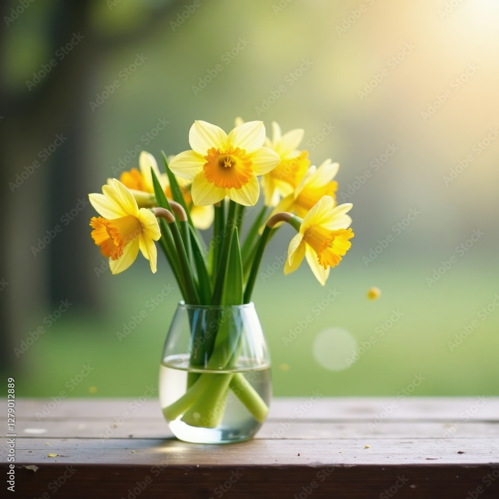 Fototapeta premium Narcissus flowers in small glass cup on a wooden bench, vase, branches