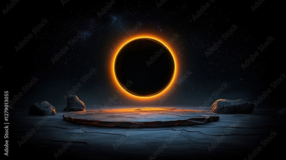 Naklejka premium Majestic Solar Eclipse Over Cracked Earth Surface with Soft Glimmering Stars in Background