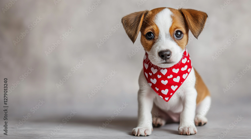 Cute puppy with a red and white heart-patterned bandana on its head, isolated on a clear background. Cute puppy with a red and white heart-patterned bandana on its head, isolated on a clear background.