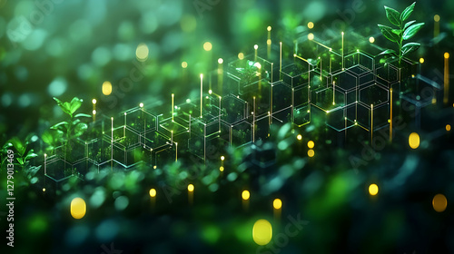 Lush green landscape with glowing hexagonal patterns and light orbs
