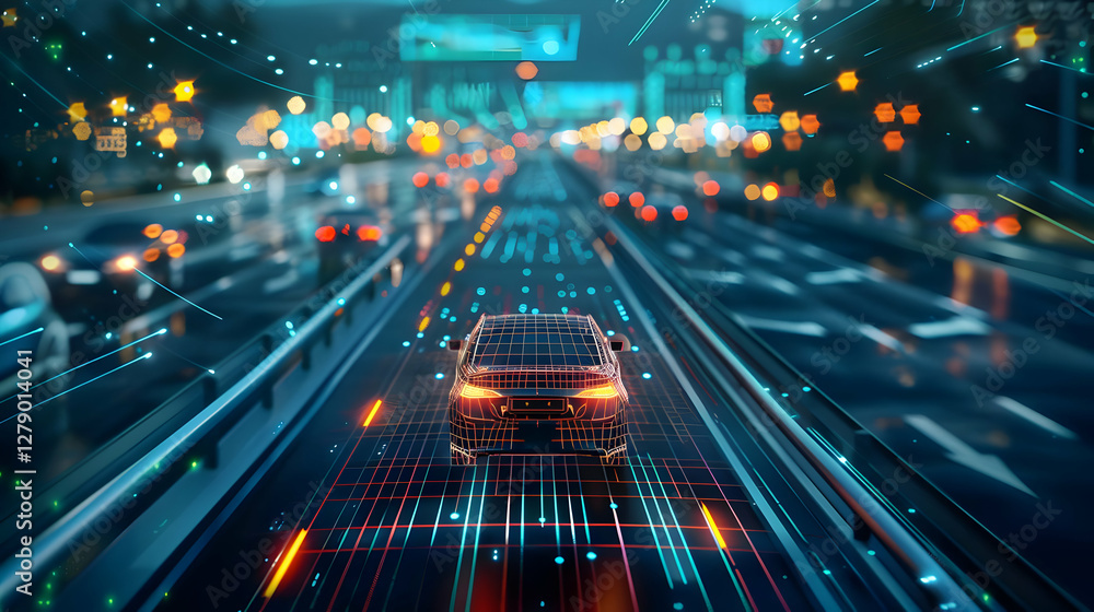 Fototapeta premium Futuristic cityscape at night with a car navigating through digital data streams