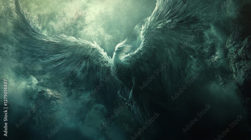 Dark Green Phoenix Soaring Through Cosmic Clouds Dark Green Phoenix Soaring Through Cosmic Clouds