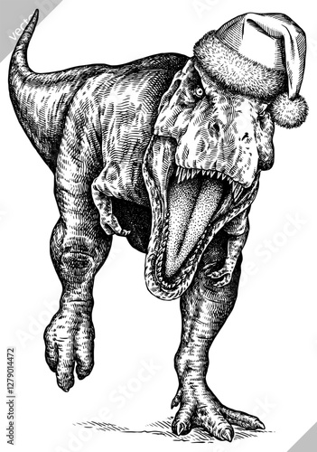 Vintage engraving isolated Tyranosaurus rex set dressed christmas illustration t-rex ink santa costume sketch. Dinosaur background Rex silhouette Jurassic new year hat art. Hand drawn vector image