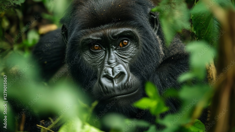Fototapeta premium Close Up Portrait Of A Gorilla In Lush Green Jungle