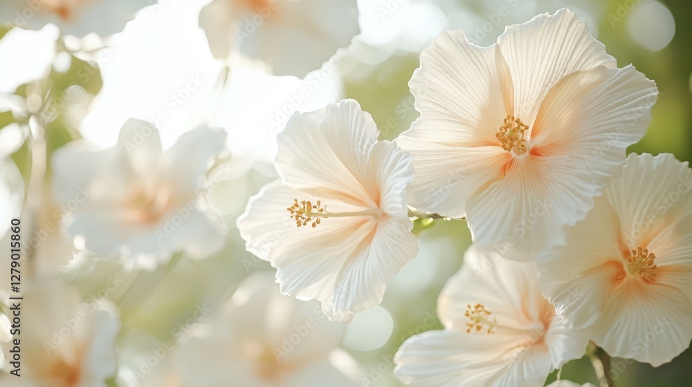 Fototapeta premium A vibrant display of white flowers basking in the warm sunlight, showcasing their delicate petals and natural beauty in a serene environment.