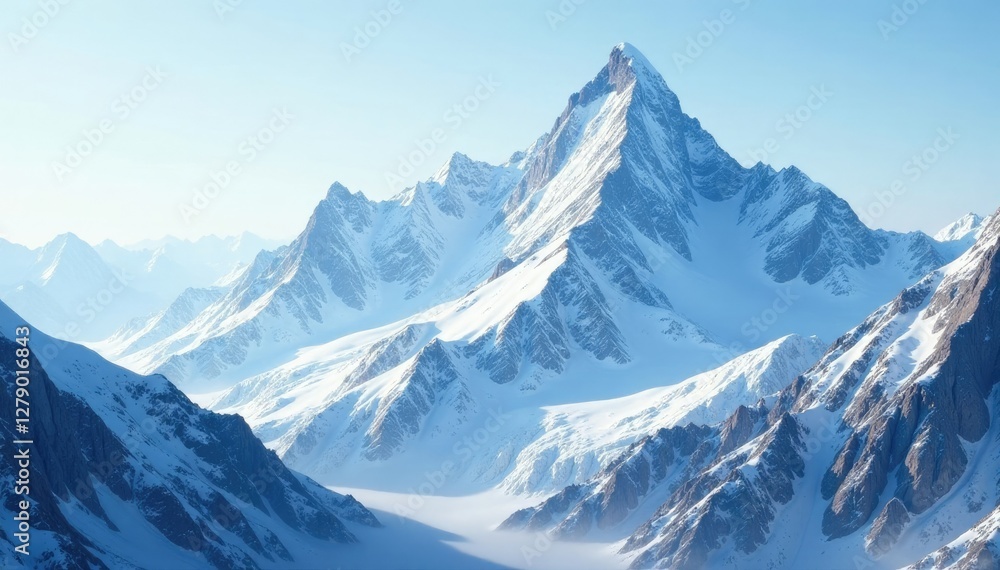 Snow-covered mountain peaks rising from the glacier surface, alpine scenery, nature Snow-covered mountain peaks rising from the glacier surface, alpine scenery, nature