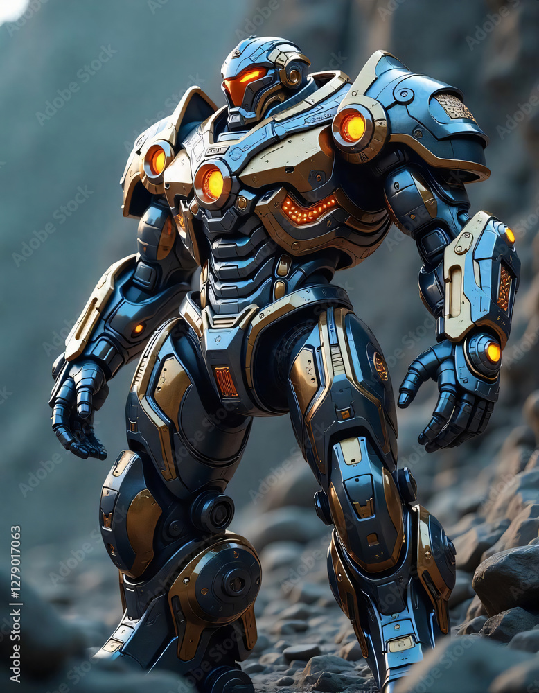 Futuristic Robot Warrior Standing on Rocky Terrain with Intricate Armor Design Futuristic Robot Warrior Standing on Rocky Terrain with Intricate Armor Design