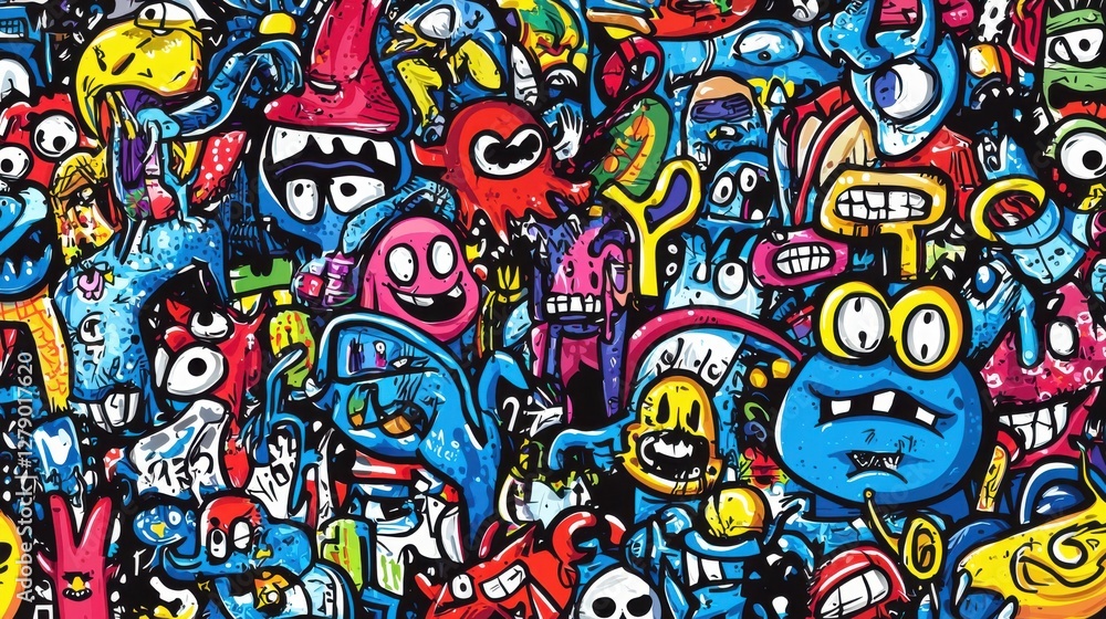 Vibrant Abstract Art with Colorful Cartoonish Characters and Monsters Vibrant Abstract Art with Colorful Cartoonish Characters and Monsters