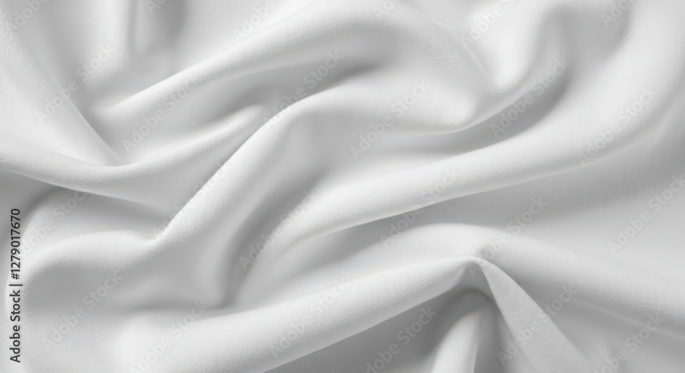 Fototapeta premium White fabric texture, crumpled linen, soft wrinkles, subtle shadows, minimalist backdrop, high contrast, macro detail, fine weave pattern, clean aesthetic