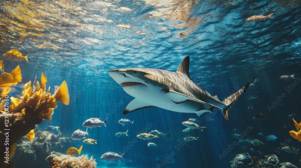 Fototapeta premium Shark Swimming Underwater in Blue Ocean with Sunlight