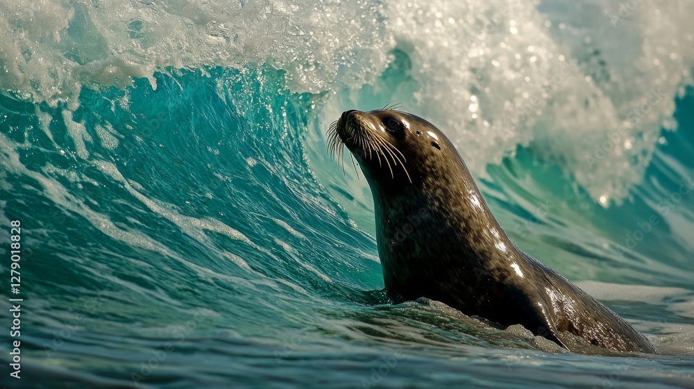 Fototapeta premium Dark Seal Emerging From a Turquoise Ocean Wave