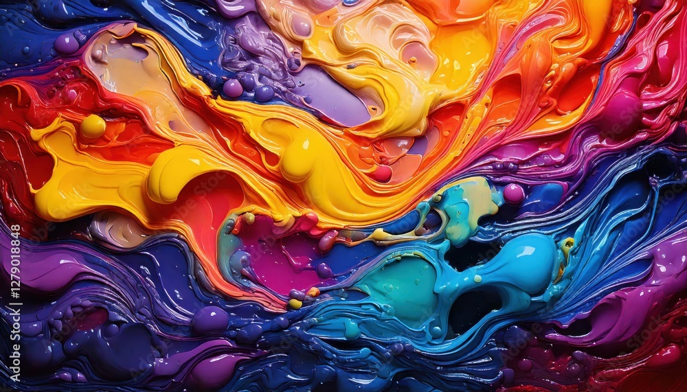 Fototapeta premium Colorful abstract painting with swirling fluid textures in shades of yellow, red, blue, and purple, creating a dynamic and expressive composition.