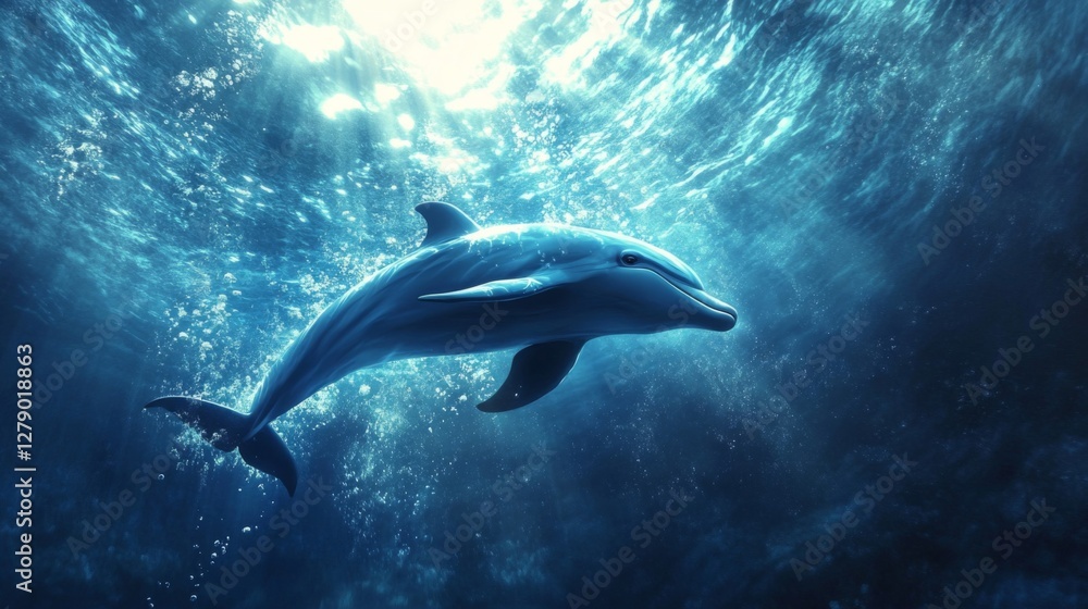 Fototapeta premium Graceful Dolphin Swimming Underwater in Bright Blue Ocean