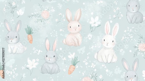 Cute Woodland Animals with Bunnies and Carrots on Soft Green Background