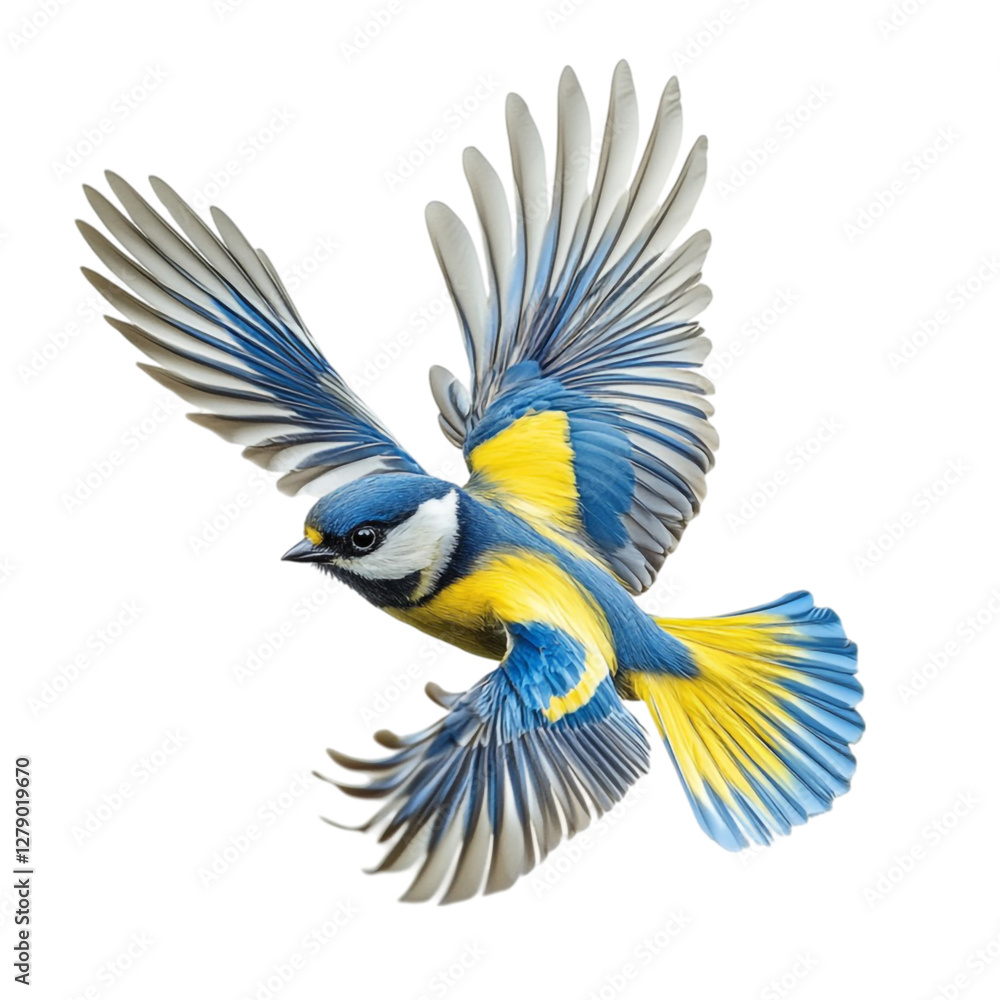 Obraz premium Blue Tit in Flight Wings Spread Majestic Soaring Free