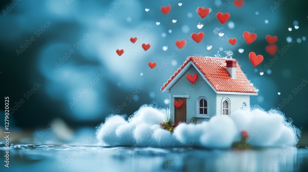 Naklejka premium A Charming Little House Surrounded by Hearts and Clouds