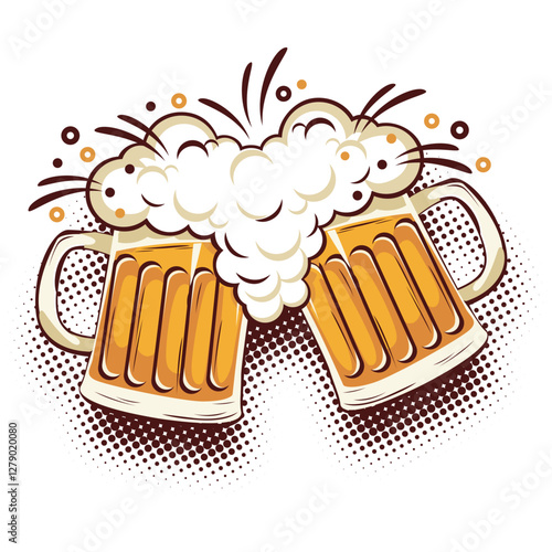 Beer glasses toast icon with splash and foam. Vector in comic style on transparent background