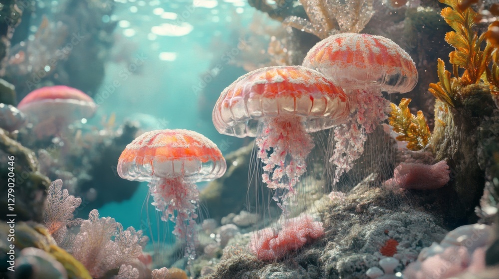 Red And Pink Jellyfish in Vibrant Coral Reef Underwater Scene Red And Pink Jellyfish in Vibrant Coral Reef Underwater Scene