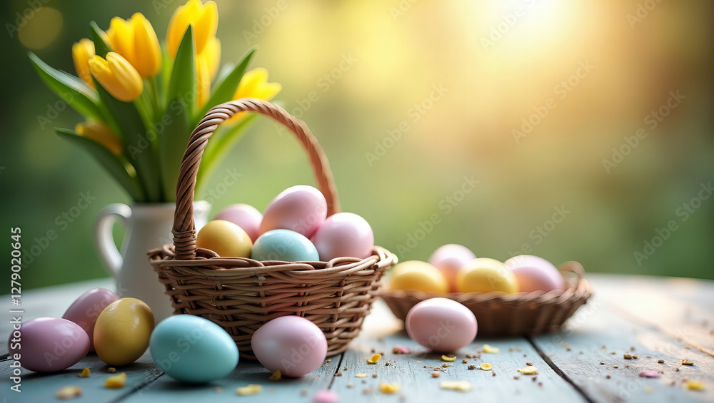 Easter Egg Display with Pastel Eggs in Baskets and Yellow Tulips in a White Vase on a Wooden Table Outdoors Easter Egg Display with Pastel Eggs in Baskets and Yellow Tulips in a White Vase on a Wooden Table Outdoors