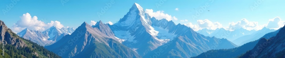Obraz premium Towering mountain peaks against a clear blue sky, wilderness, clouds