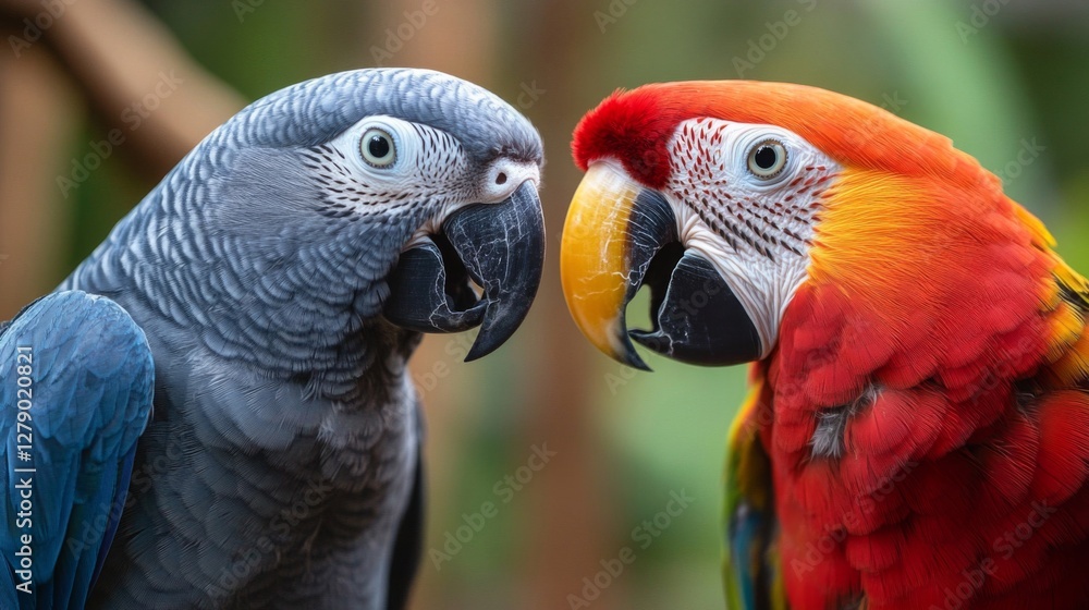 Fototapeta premium Close Up of a Red Macaw and an African Grey Parrot
