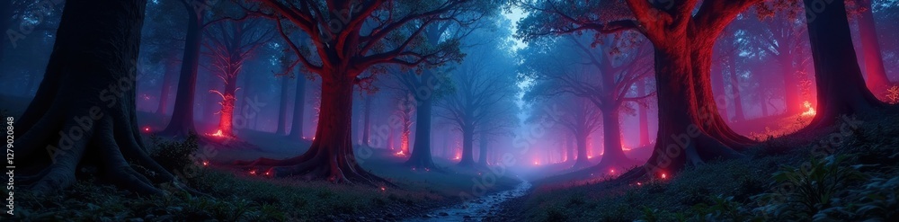 Obraz premium Towering trees radiating an otherworldly glow, casting shadows on the ground, glowing foliage, eerie ambiance, glowing forest