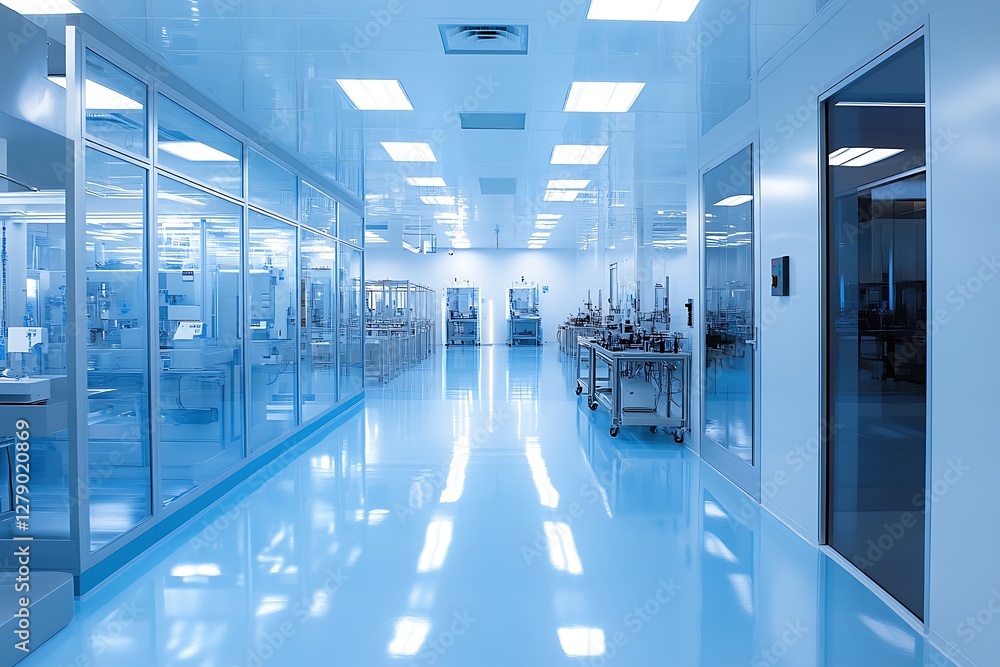 Fototapeta premium Cleanroom interior with stainless steel equipment and glass walls.