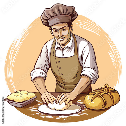 A baker's strong hands knead fluffy bread dough on a generously floured surface, creating a rustic, artisanal bread.  Shaded lighting enhances the texture.