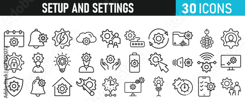 Settings and setup icon set. Setup icons for web and mobile app in liner style. Settings, setup, fix, maintenance, update, options, control, solution Vector illustration