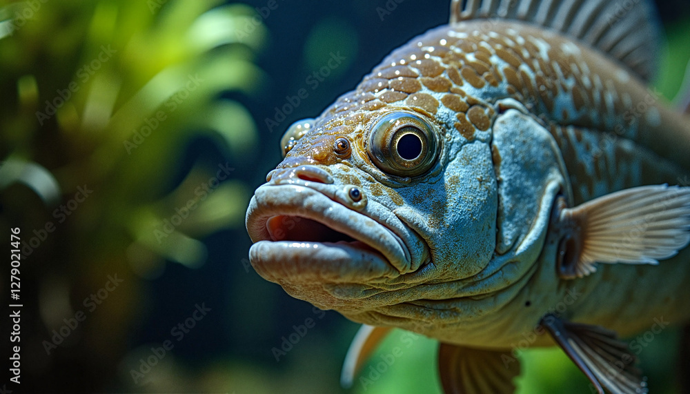 Fototapeta premium Close-up of a barramundi fish looking curiously in vibrant aquatic environment