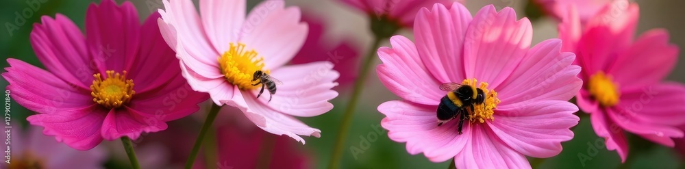 Vertical arrangement of cosmos flowers with a bumble bee hiding in their petals, insects, floral arrangement Vertical arrangement of cosmos flowers with a bumble bee hiding in their petals, insects, floral arrangement