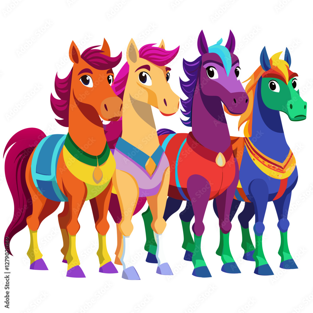 Obraz premium Cartoon Fantasy Horses with Colorful Saddles