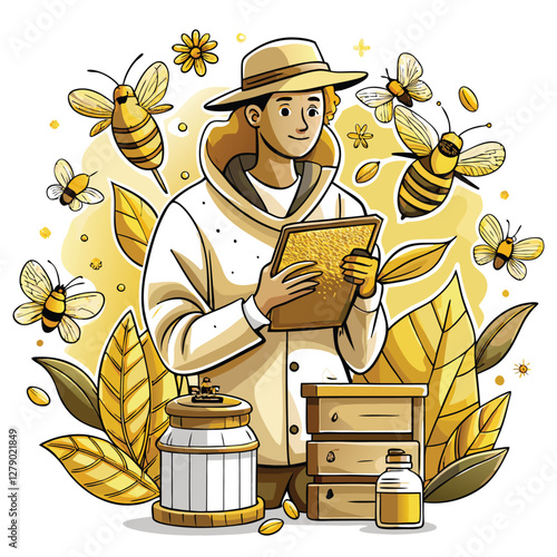 A close-up shot of a beekeeper carefully inspecting a beehive, with numerous bees buzzing actively around the hive and the beekeeper.