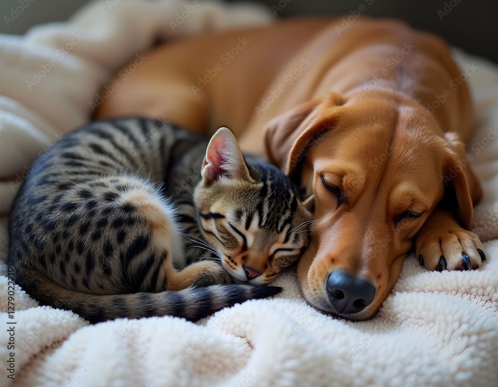 Obraz premium Close-Up of a Cat and Dog Peacefully Napping Together on a Soft Bed