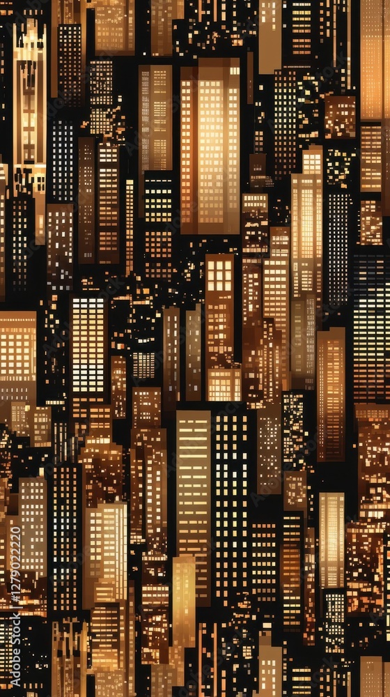 Obraz premium Night Cityscape Illuminated Buildings Glowing Windows