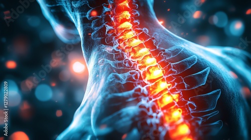 The spinal nerves glow bright red, being compressed by the thickening of his bone mass