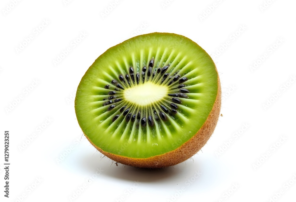Fresh half-cut kiwi with vibrant green flesh and black seeds on a crisp white background Fresh half-cut kiwi with vibrant green flesh and black seeds on a crisp white background