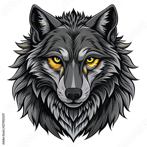 Create a detailed ink drawing of a black wolf with piercing, intense eyes, staring directly at the viewer.  Focus on the fur texture and intense gaze.