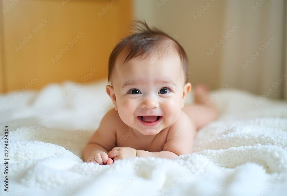 Curious baby lying on a soft white blanket, gazing happily with a bright smile Curious baby lying on a soft white blanket, gazing happily with a bright smile
