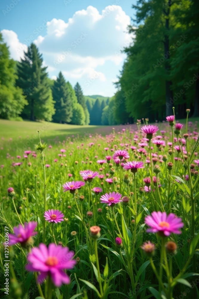 A field of pink wildflowers stretches towards the sky amidst a lush green meadow and towering trees, green, meadow, colors A field of pink wildflowers stretches towards the sky amidst a lush green meadow and towering trees, green, meadow, colors