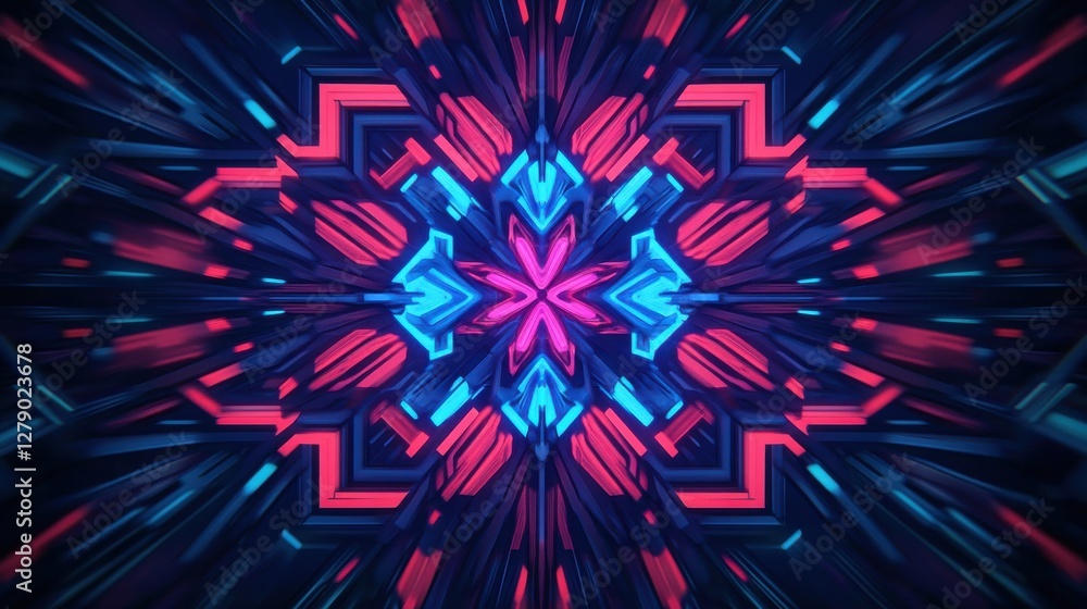 A vibrant, abstract design featuring symmetrical patterns in neon blue and pink against a dark background, creating a dynamic, futuristic look. A vibrant, abstract design featuring symmetrical patterns in neon blue and pink against a dark background, creating a dynamic, futuristic look.