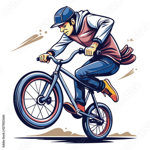 A BMX rider executes a daring wheel-spinning stunt, showcasing incredible bike control and athleticism.  Action shot.